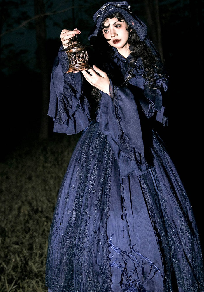 Dunkelblauer Gothic-Lolita-Rock mit Drachenknochen-Stickerei und Kordelzug