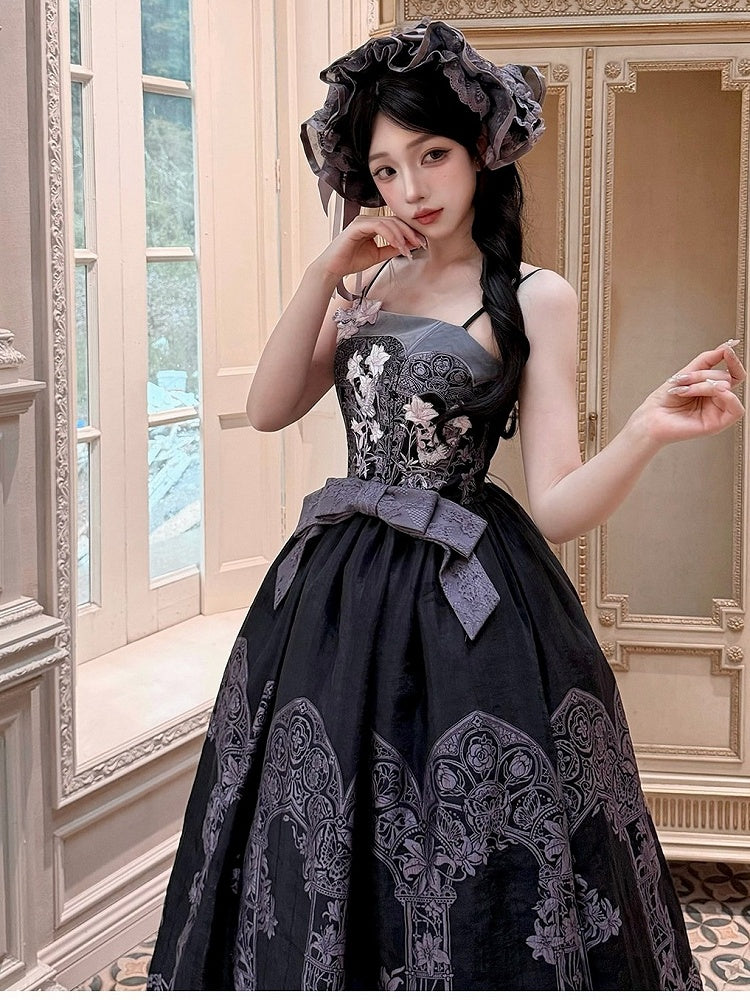 Asian Noir Purple Boned Bow Floral JSK Dress - Yimu Walnut