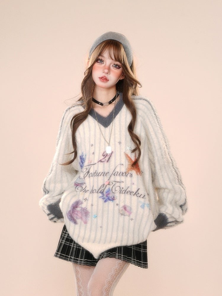 Ocean Print V-Neck White Plush Sweater Stripes with