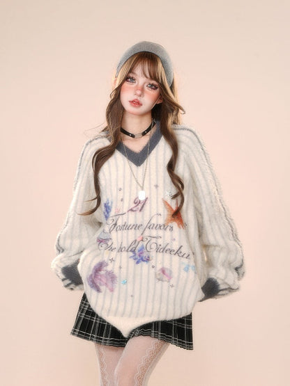 Ocean Print V-Neck White Plush Sweater Stripes with