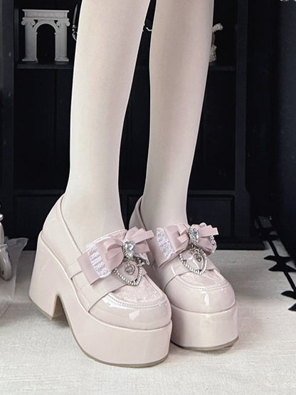 Bow Dusty Kei with 9.5cm Heel Jirai Shoes: Heart Platform Block Pink Top Rhinestone