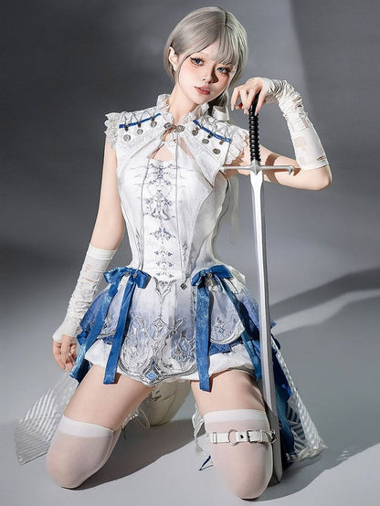 Lolita Handkerchief White Skirt with Blue Dragon And Neck Dress Straps Print Layered Crisscross Gothic Bone