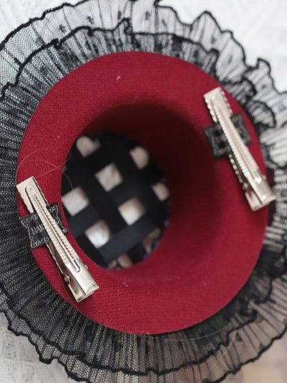 Beige/Black Hat Accents with Flower Lolita Design Mini Woven