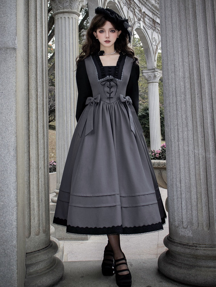 Elegantes Lolita-Kleid mit quadratischem Ausschnitt und langen Bischofsärmeln in Schwarz und Grau