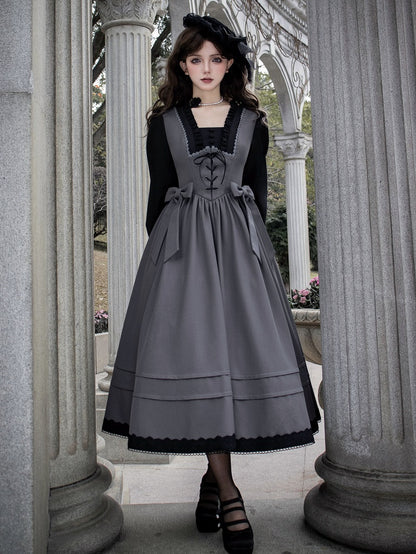 Elegantes Lolita-Kleid mit quadratischem Ausschnitt und langen Bischofsärmeln in Schwarz und Grau