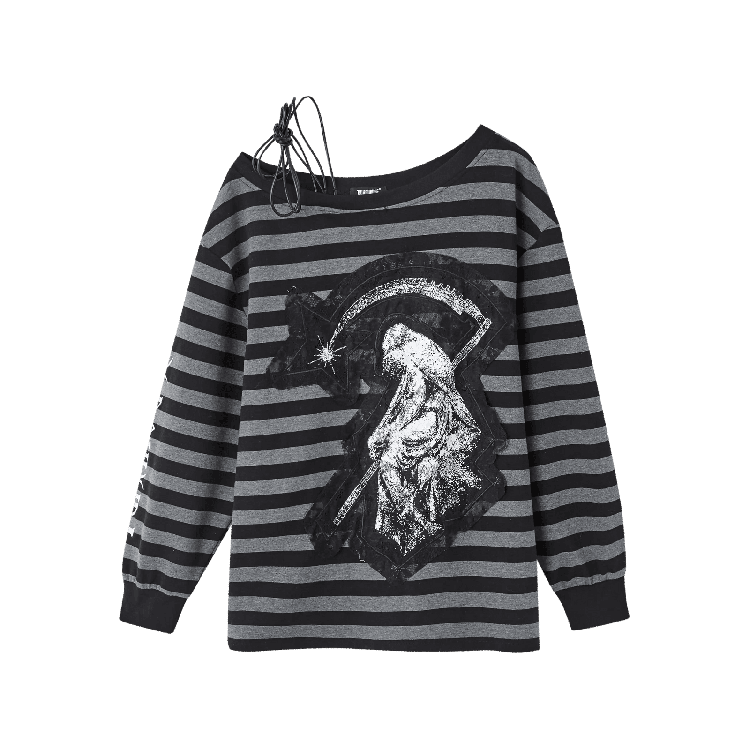 Schwarz-graues Streifen-Applikationsdesign, asymmetrischer Ausschnitt, Kordelzug, Punk-Top