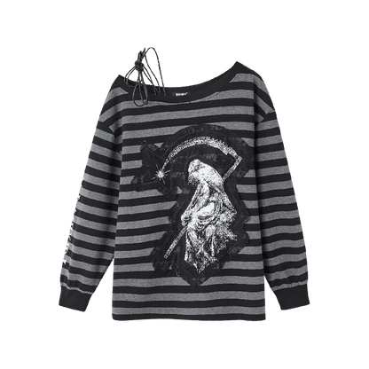 Schwarz-graues Streifen-Applikationsdesign, asymmetrischer Ausschnitt, Kordelzug, Punk-Top