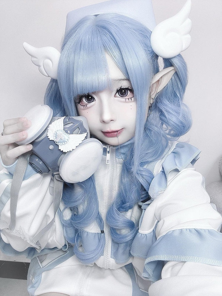エアウィッグ付き 70cm 長さ 前髪 ウェーブ ブルー