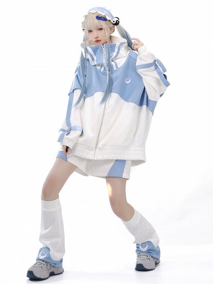 Jacke mit Reißverschlussärmeln vorne, hellblau, Tenshi, oben und langes Kaiwai-Sweatshirt in Weiß