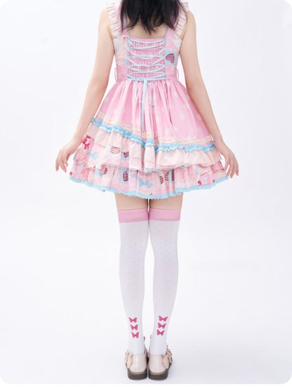 Red Apple and Bow Print Over Knee Stockings