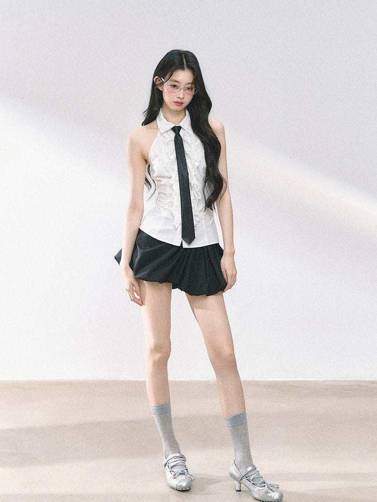 White Ruffled Lace Trim Sleeveless Shirt with Free Tie