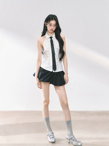 White Ruffled Lace Trim Sleeveless Shirt with Free Tie