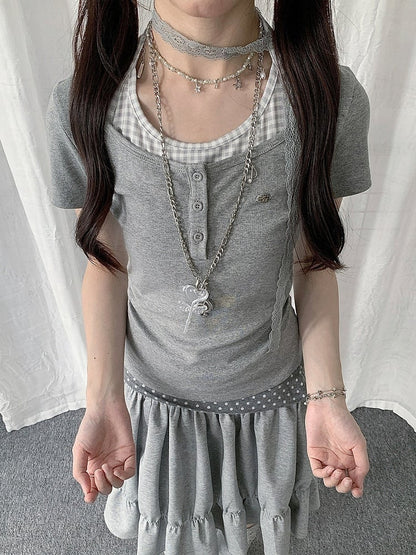 Gray Two-Tone Short Sleeve Top with Plaid Polka Dot - Solkatt