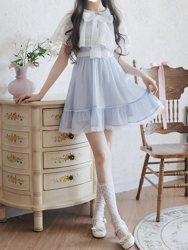 Jirai Kei Light Blue Peter Pan Collar Cape Design Faux Two-pieces Dress