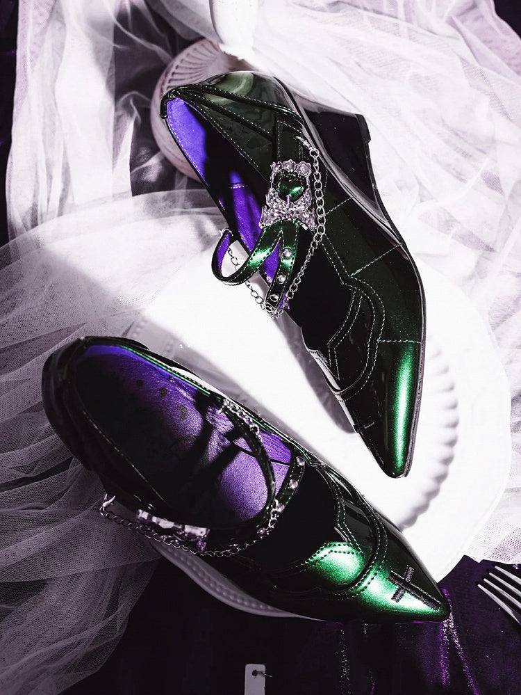 Pointed Toe Green 7cm Mary Heel Chunky Gothic in Cross Jane Subculture Embroidery Shoes with