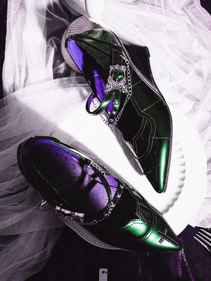 Pointed Toe Green 7cm Mary Heel Chunky Gothic in Cross Jane Subculture Embroidery Shoes with