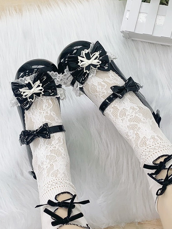 Cherry Blossom Round Toe Black Lolita Shoes with Lace & Bow - Hazelnut Bear