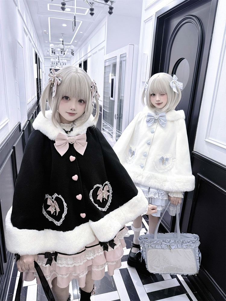 in / Cape Hooded Plush with Trimmed Bow Kei Accents Black Blue Jirai White Applique Pink Sweetheart