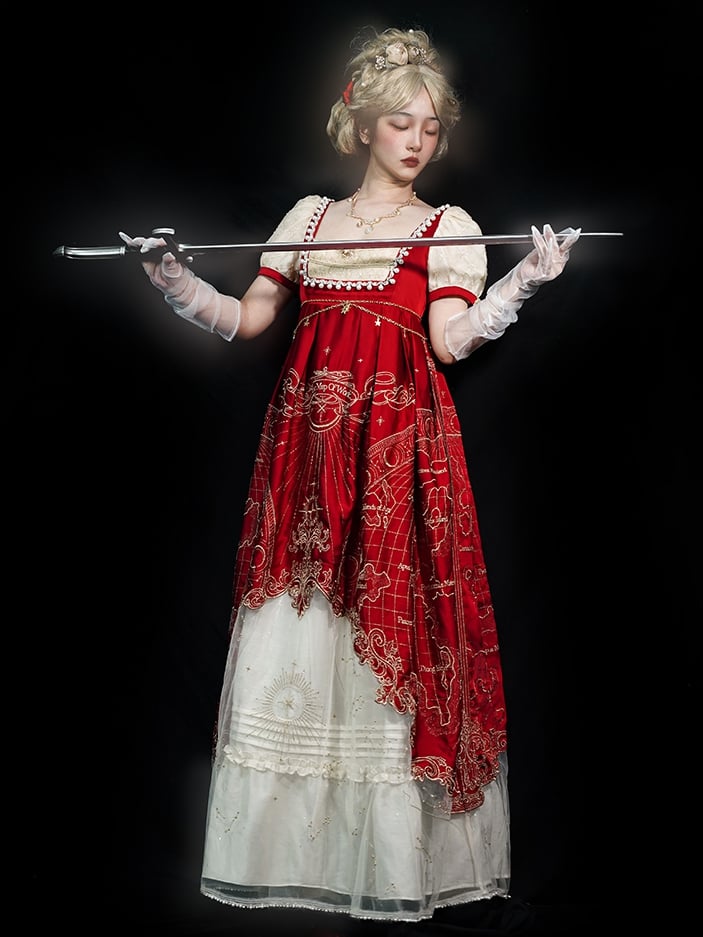 One Beige Elegant Lolita Piece Celestial Red and Classic Map Embroidery Empire Waist Wine Delicate Gold