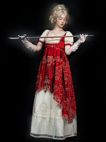 One Beige Elegant Lolita Piece Celestial Red and Classic Map Embroidery Empire Waist Wine Delicate Gold