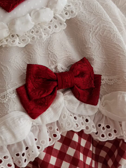 Red & White Sweet Plaid Lace Trim Bow Lolita OP with Apron - Asleep Townlet