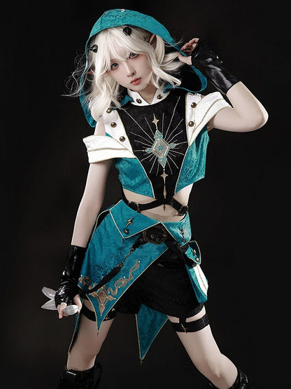 Teal Ouji Lolita Cutout Hooded Top + Asymmetric Metal Button Shorts Set - Xiong Dou Jiang