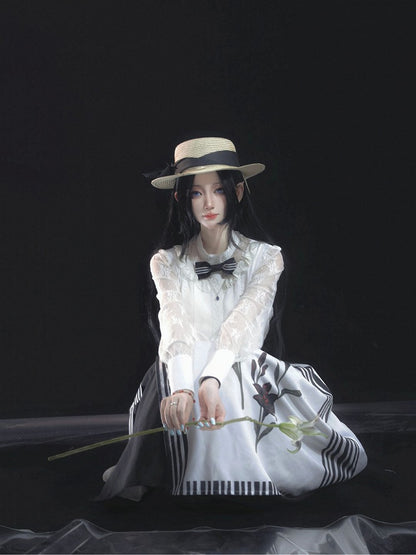 Black Lolita Striped Lily White Midi Elegant Print Skirt and