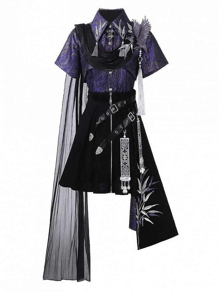 Purple Bamboo Leaf Embroidered Hanfu Blouse & Black High-Low Hem Skirt Set - Han Ru Chu Hanfu & Han-Element Studi