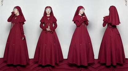 Wine Nun Outfits Halloween Dress Sleeves Cross Lolita Gathering Embroidery Red Juliette