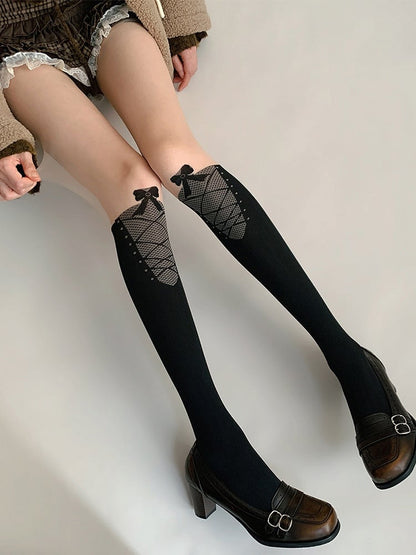 Black Fishnet Panel Stockings Lace-Up