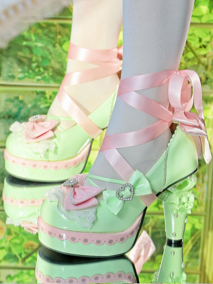 Shoes Heart Decor - High-heel PU Leather Details Bowknot Green