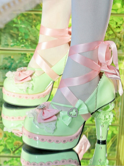 Shoes Heart Decor - High-heel PU Leather Details Bowknot Green