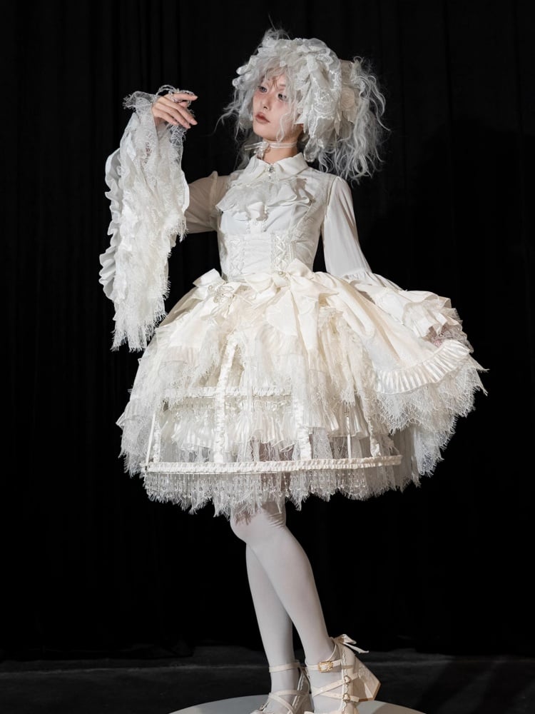 ホワイトアンダーバストドローストリングヘムシロロリータスパイダーウェブファブリックゴシックロリータドレス