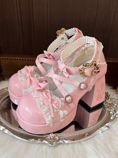 with Pink Crisscross Mary Design Heel - Sweet Lolita PU Print Janes Platform Dessert Spoon