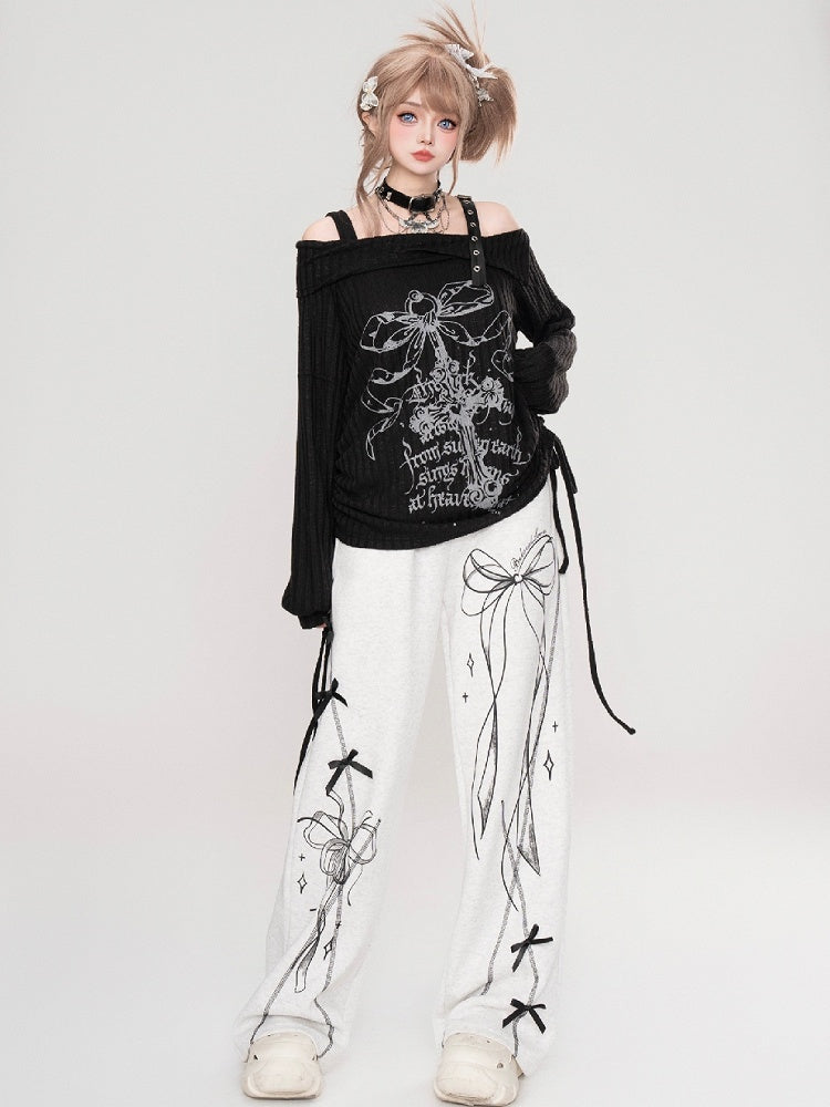 White/Beige/Black Cross Off-Shoulder Top Drawstrings at Side