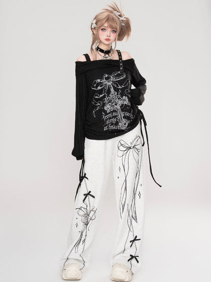 White/Beige/Black Cross Off-Shoulder Top Drawstrings at Side