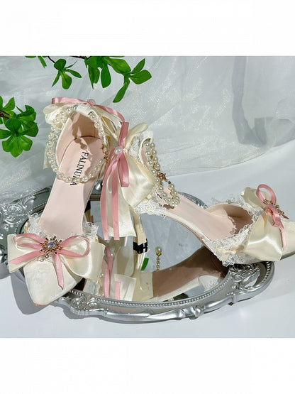 Beige Lace Trim Pointed Toe Lolita Shoes with Pink Bow - Miaomiao Just for You