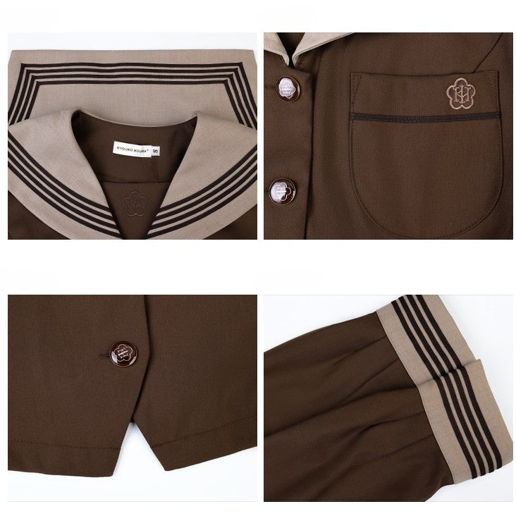 JK Sailor Embroidery Uniform Blouse Collar Floral Brown