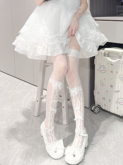 Lolita Colors: Style Stockings Bow-Accented Black) (2 White