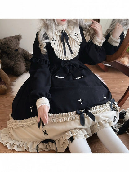 Plus Size Classic Gothic Lolita Long Sleeve Dress with Cross Embroidery & Bowknot Details - Versatile girl