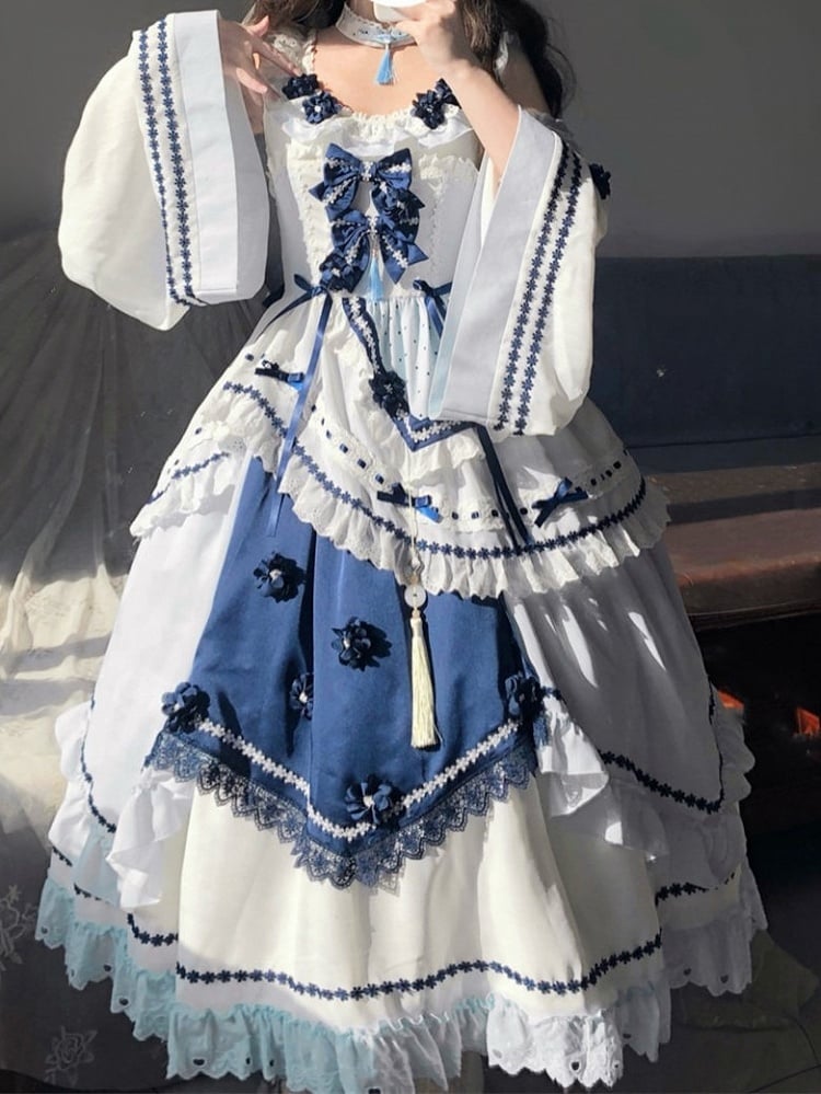 and Floral JSK Dark Lolita Sleeves Dress Embellished Flutter Blue Bow