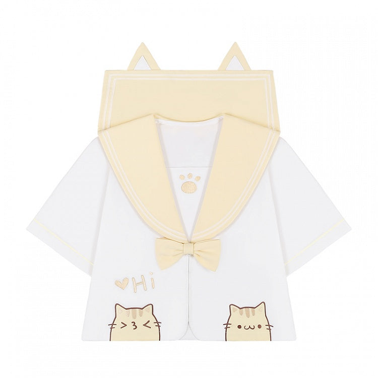 Yellow & White Sailor Collar Kitty Embroidery JK Uniform Top