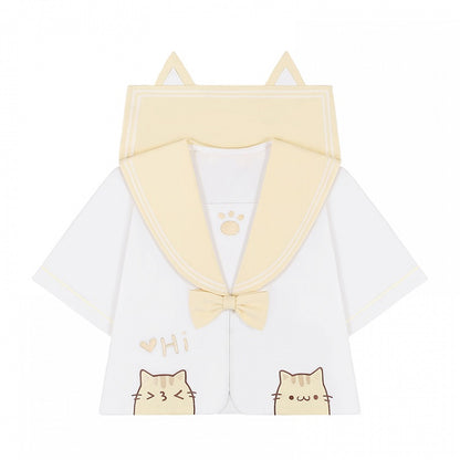 Yellow & White Sailor Collar Kitty Embroidery JK Uniform Top