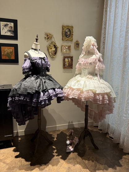 Gothic Underbust JSK Dress with Off-Shoulder Blouse, Pink & White, High-Low Skirt - Sheer Ocean