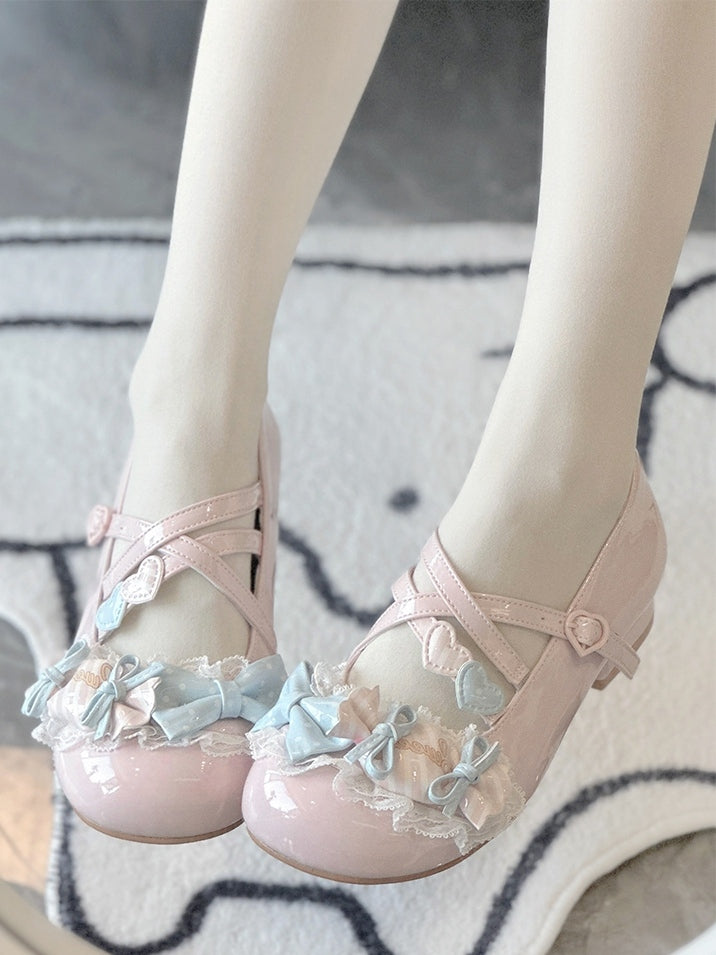 Bow Janes Candy Lolita PU Style Low - Pink Heel Mary Accents with Shoes