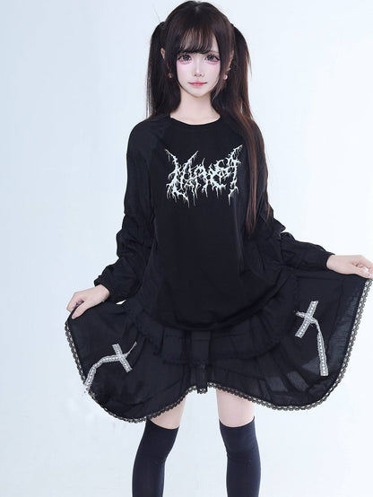 Long-Sleeve Paneled Design Printed T-Shirt Jirai Black Kei