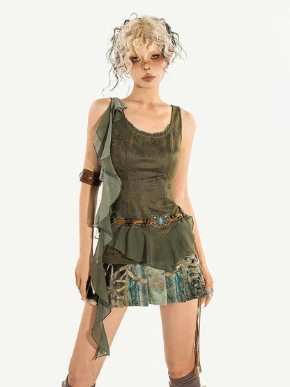 Green Scoop Neck Sleeveless Ruffle Trim Top