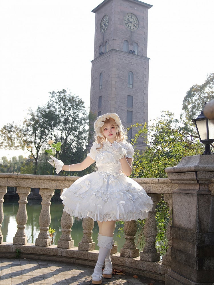 Lolita Accents Ruffle Skirt with Princess Layered Silver Dress White JSK and Bow