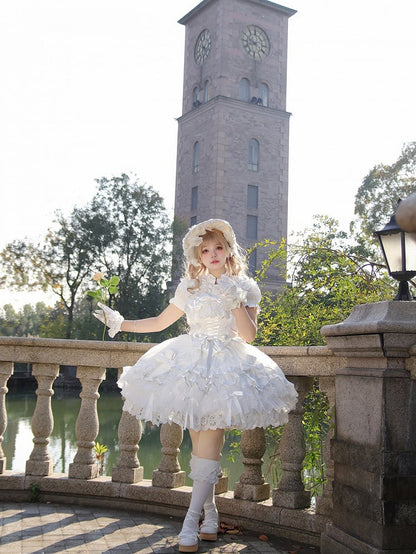 Lolita Accents Ruffle Skirt with Princess Layered Silver Dress White JSK and Bow