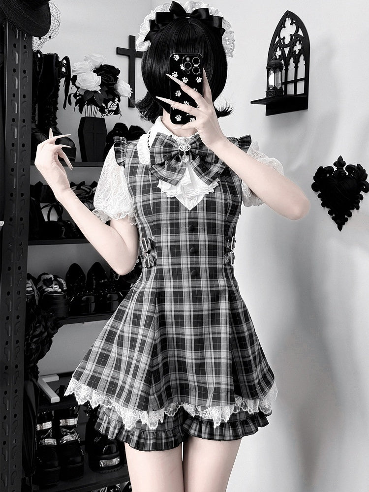 Jabot Black & White Jirai-Kei Plaid Short Sleeve Gown with Lace Bow Accents + Matching Shorts Set - Puzzles
